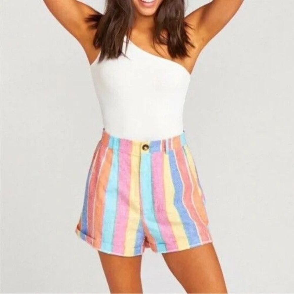 Show Me Your Mumu Linen Shorts Size S Rainbow Stripe High Waisted Summer Pride